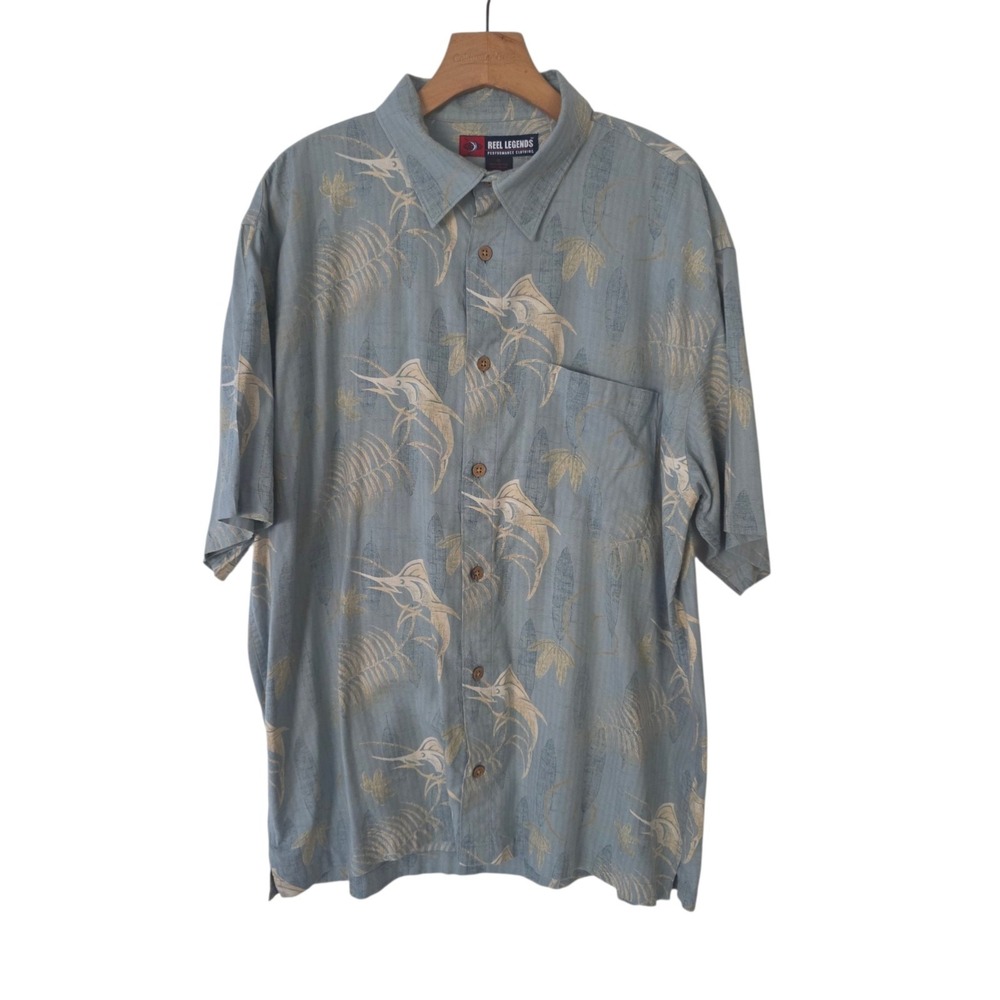 Reel Legends Hawaiian Shirt Button Up‎ All Over Fish Print Tropical Sailfish XL